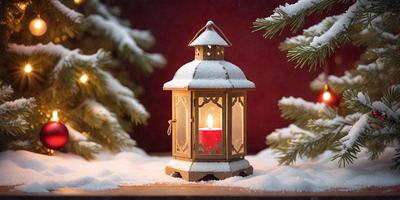 The primary subject of the image is a small wooden lantern with a red candle inside, placed on a wooden table. The setting is a snowy environment, with snow covering the ground and surrounding the lantern. The visual style is a photo, capturing the details of the lantern and the snowy surroundings. The colors and mood of the image are predominantly white and cold, with the red candle providing a warm and inviting touch.